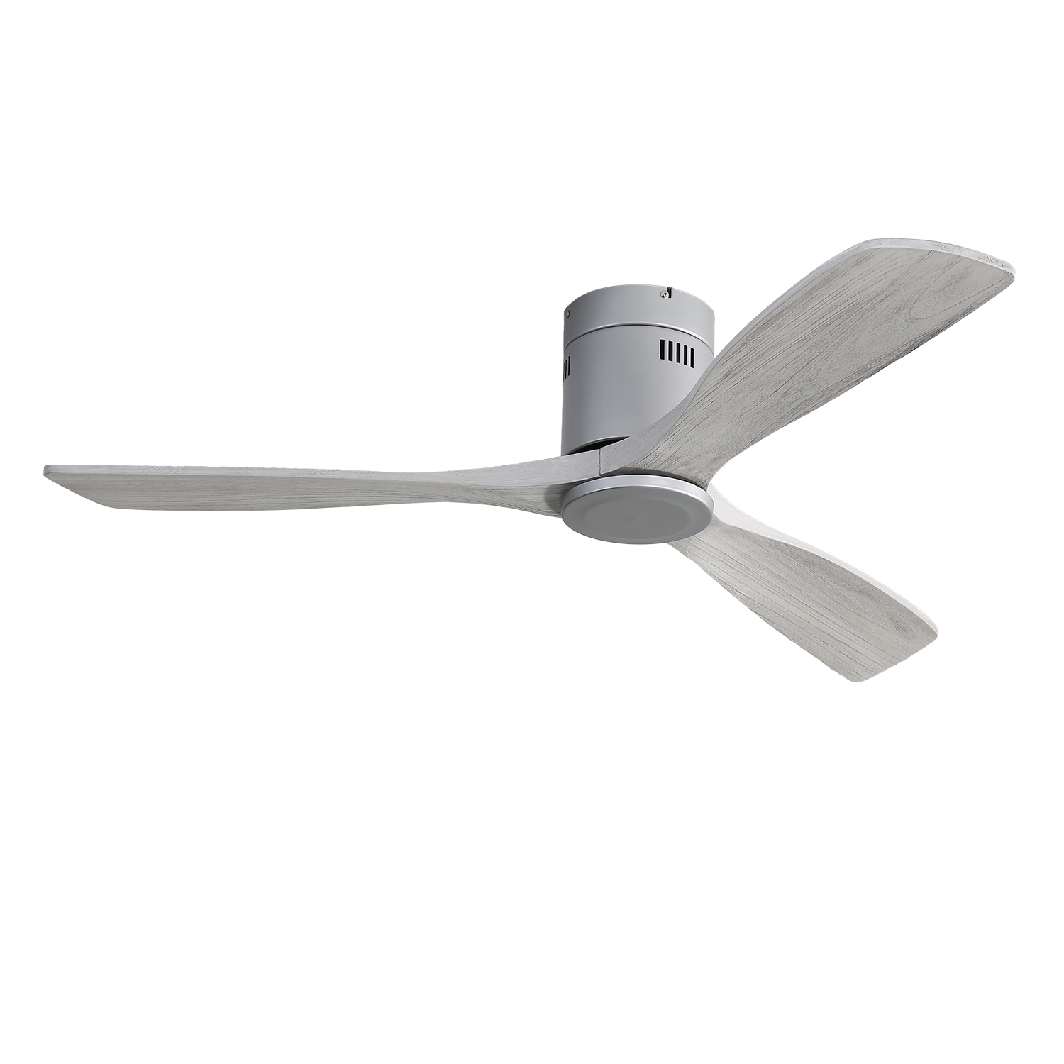 Grauer Deckenventilator mit drei Flügeln, auf weißem Hintergrund montiert.