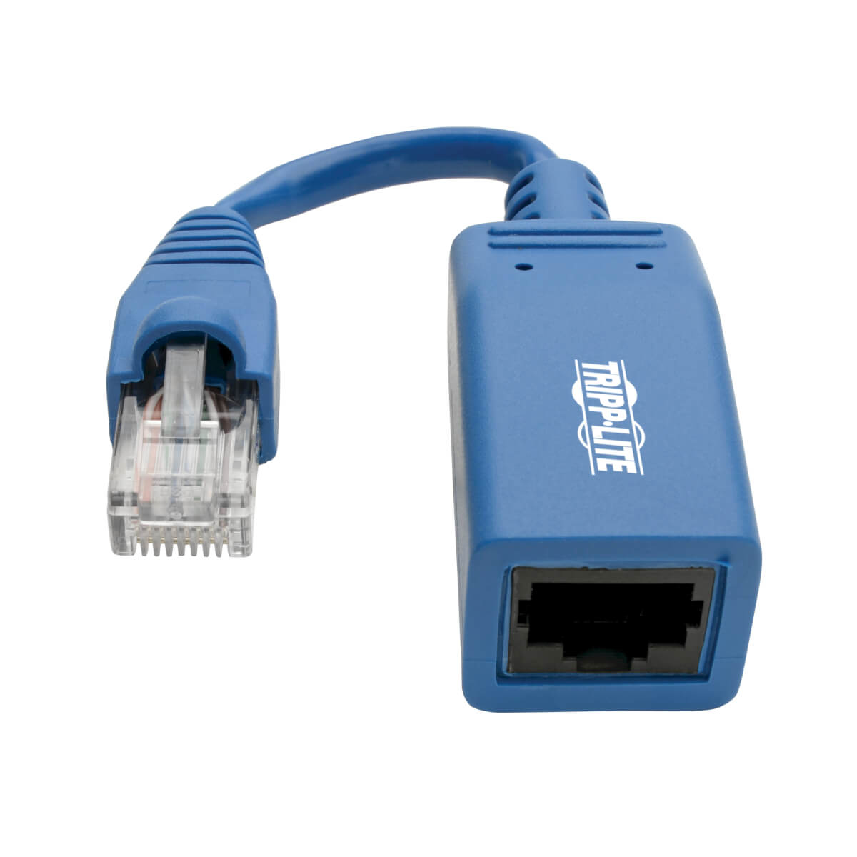 Niebieski adapter z złączem kabla sieciowego i pojedynczym złączem Ethernet.