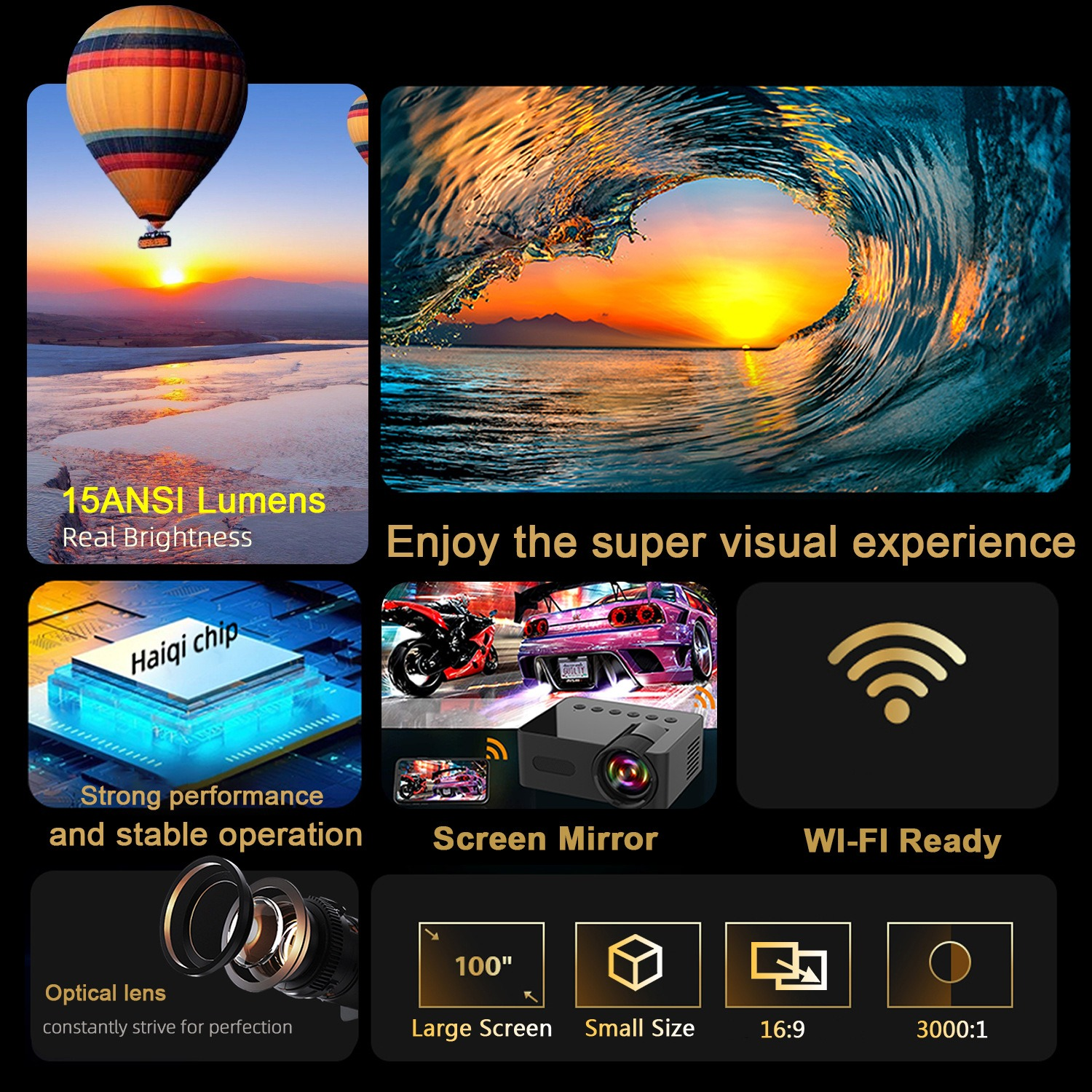 Verschiedene Bilder: eine Landschaft, eine Welle, ein Projektor und ein Auto. Text über Screen Mirroring und WLAN.