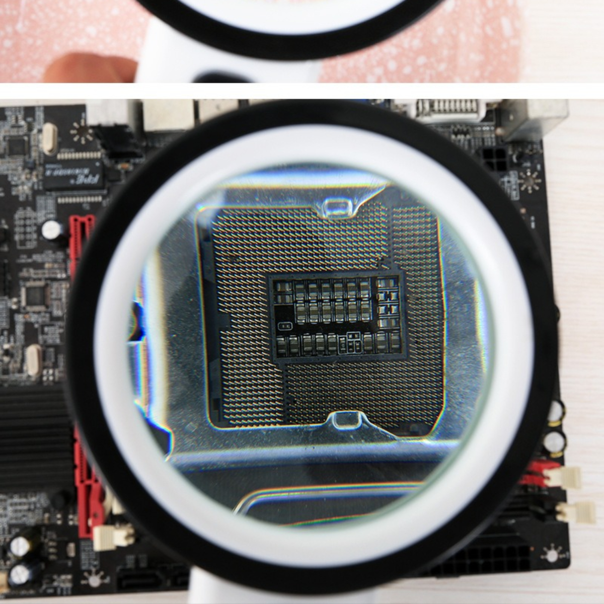 Nahaufnahme eines Motherboards mit Lupe.