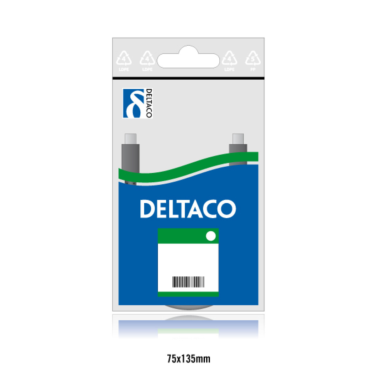 Una confezione di prodotti Deltaco. È una confezione bianca e blu con due cavi all'interno.