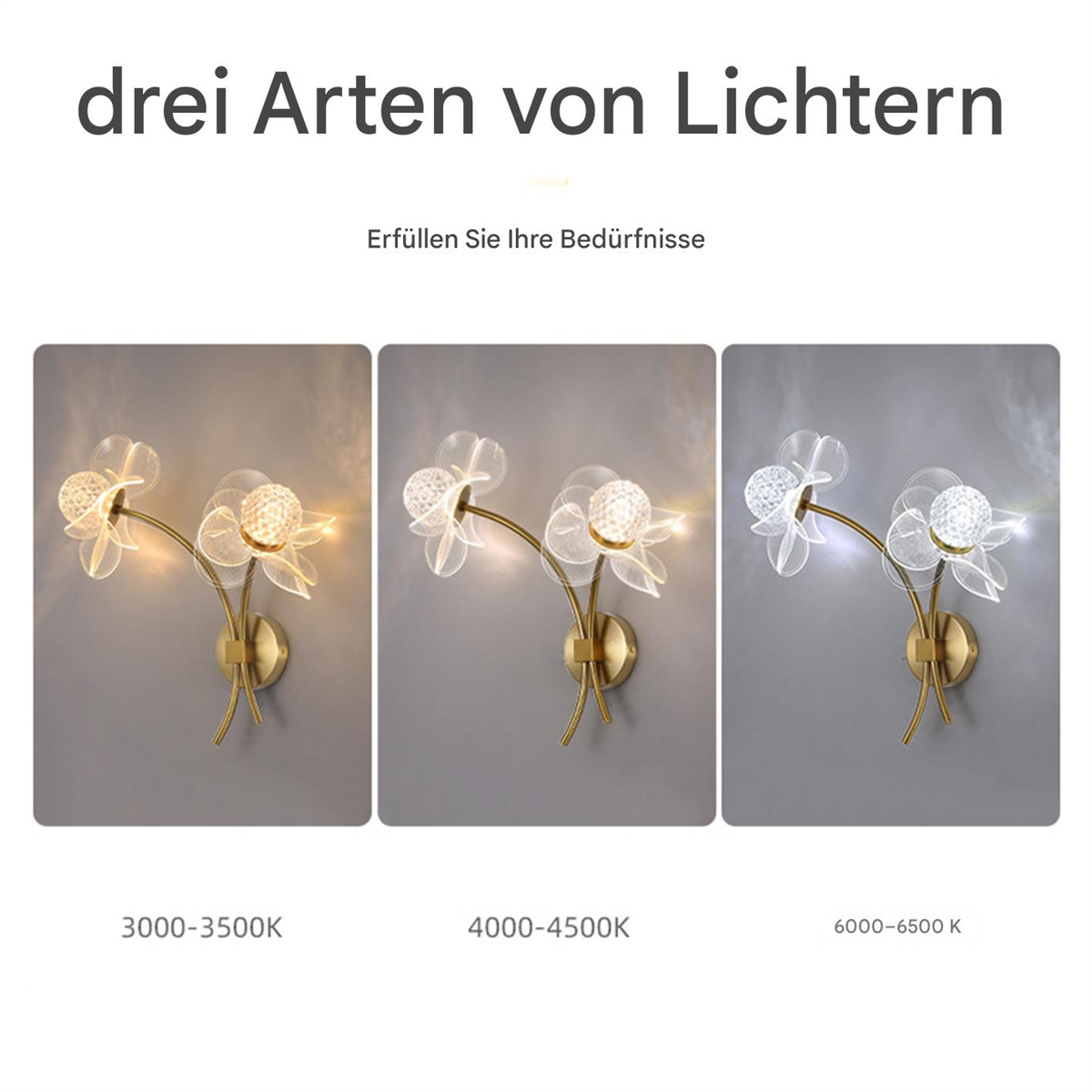 Drei blütenförmige Wandleuchten mit unterschiedlichen Farbtemperaturen (3000-6500K).