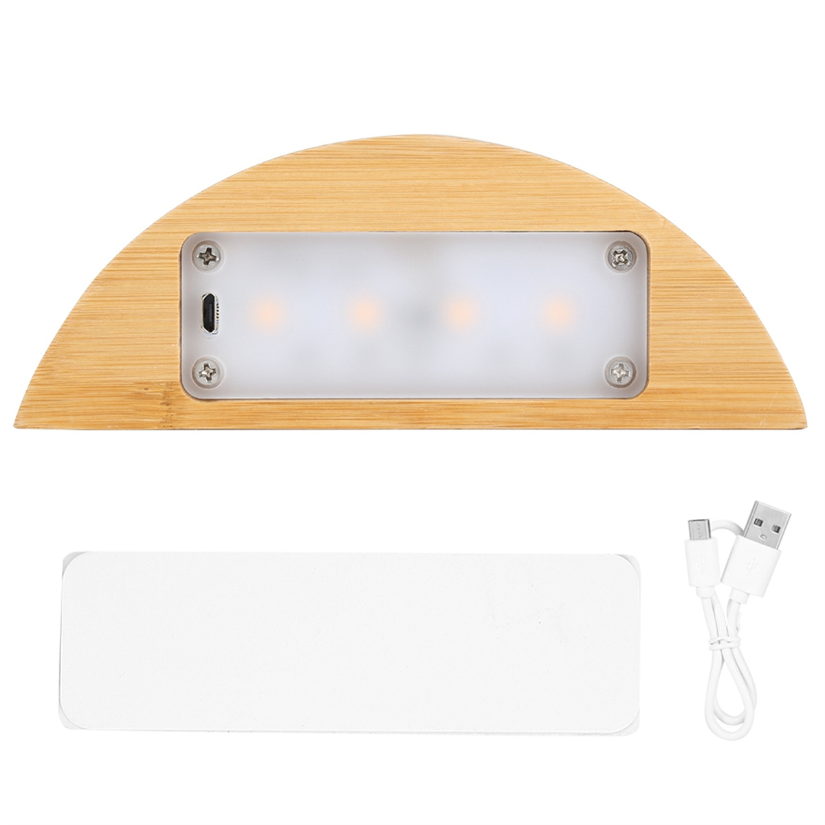 Holzlampensockel mit Lichtpanel, USB-Kabel und weißem Etikett.