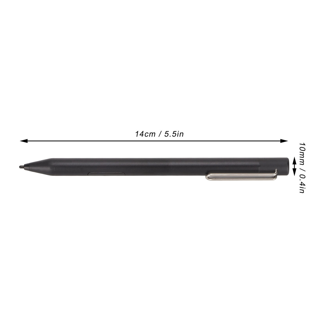 Ein schwarzer Stylus-Stift, 14 cm lang, mit Clip. Daneben eine Messung von 10 mm Dicke.