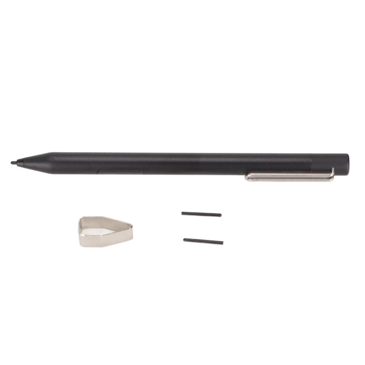 Ein schwarzer Stift mit Metallclip, ein silbernes Zubehör und zwei schwarze Linien.