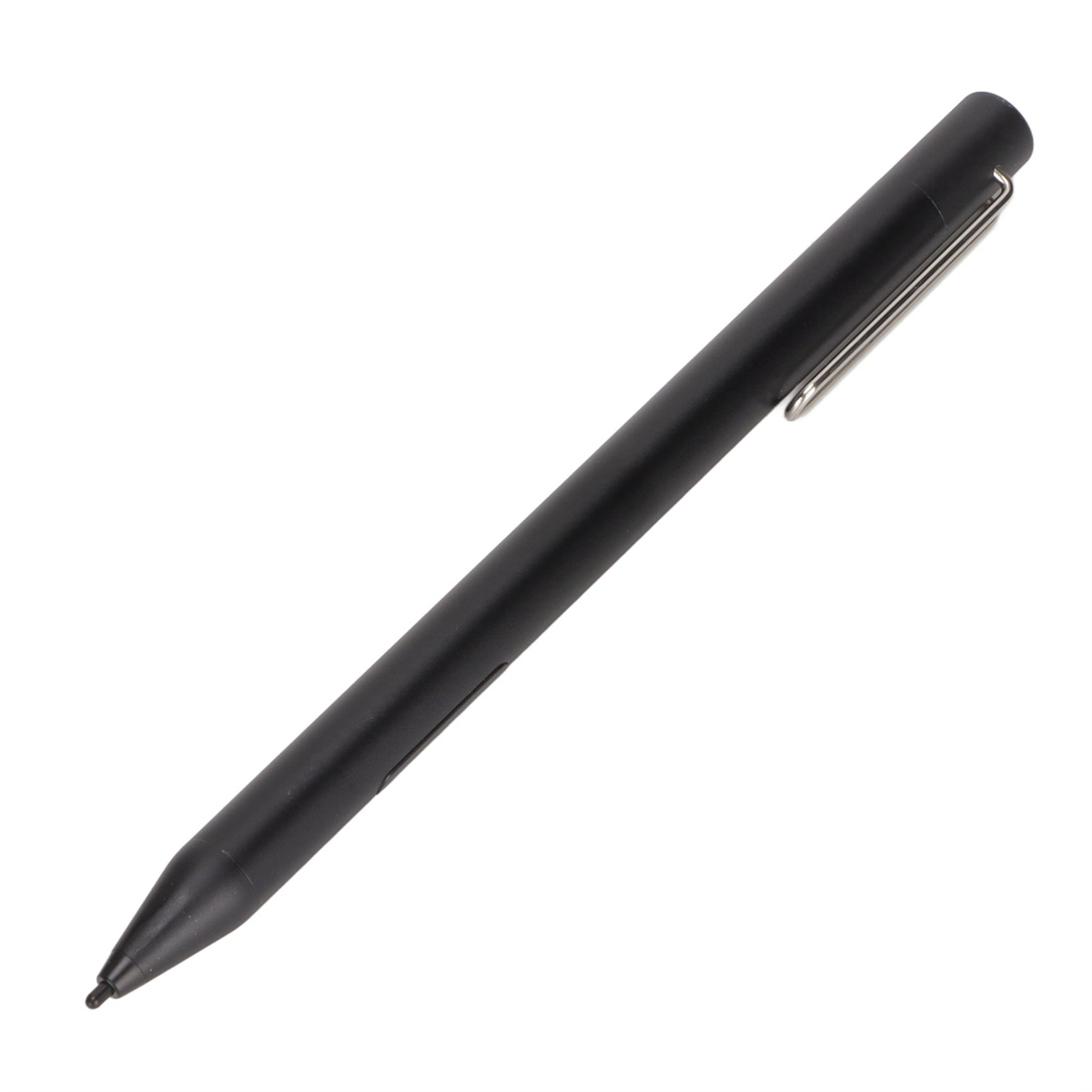 Ein schwarzer Stylus-Stift mit silbernem Clip. Der Stift liegt auf weißem Hintergrund.