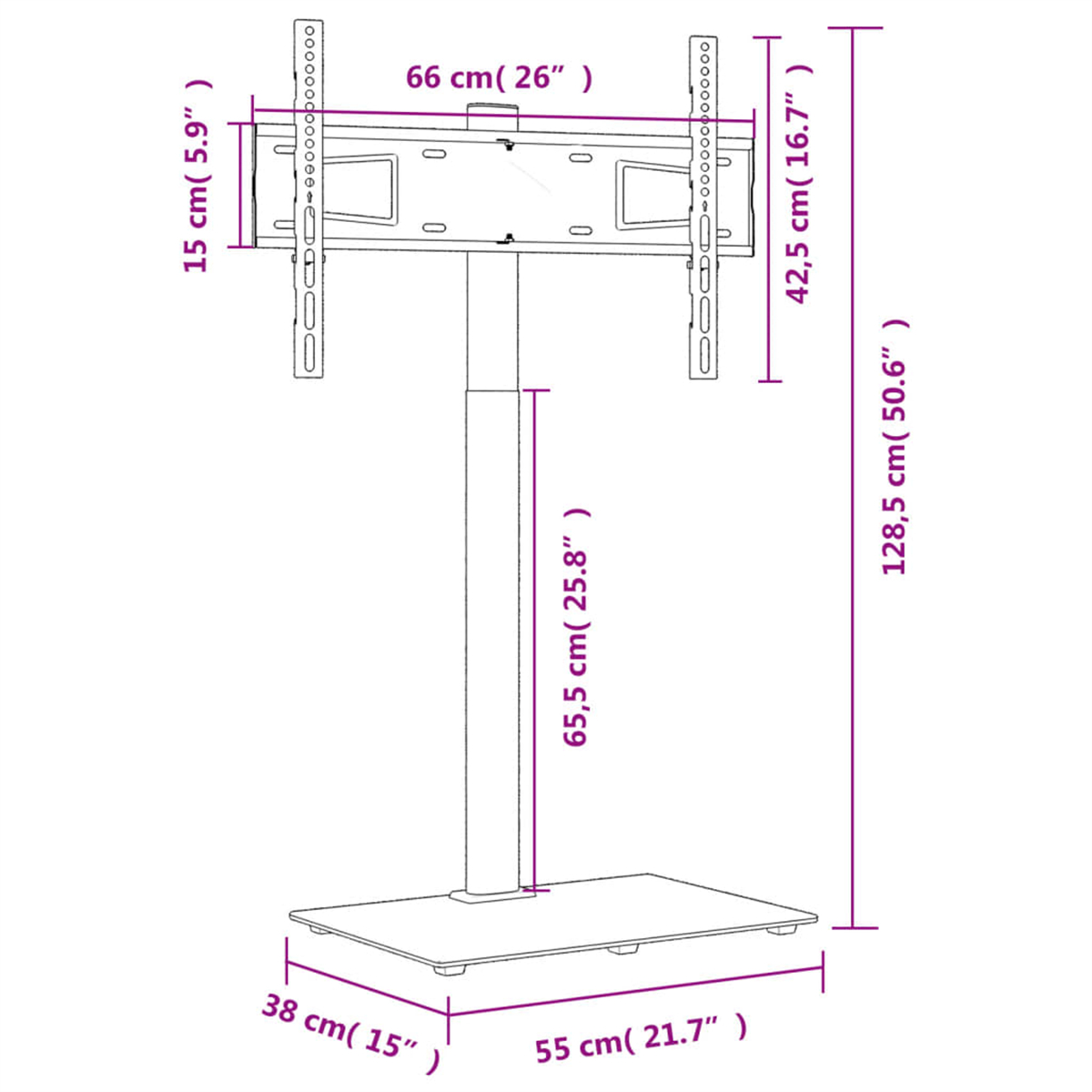 Diagramm eines TV-Ständers mit Abmessungen in Zentimetern, auf weißem Hintergrund.