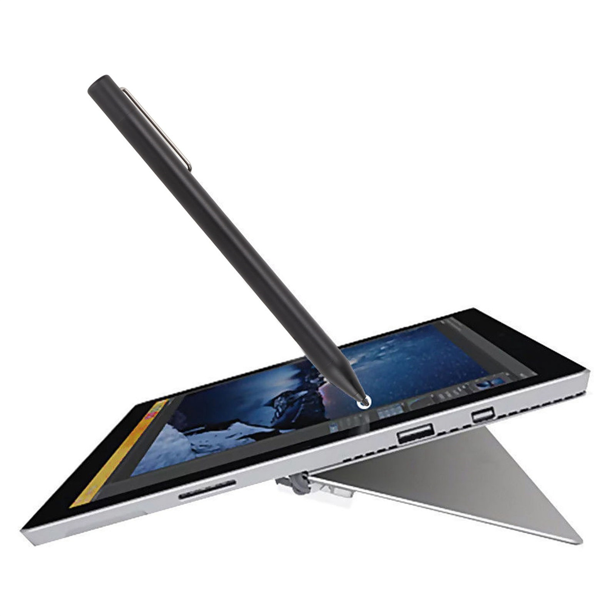 Tablet mit Stift. Zeigt ein dunkles Bild. Das Tablet wird durch einen Ständer gestützt.