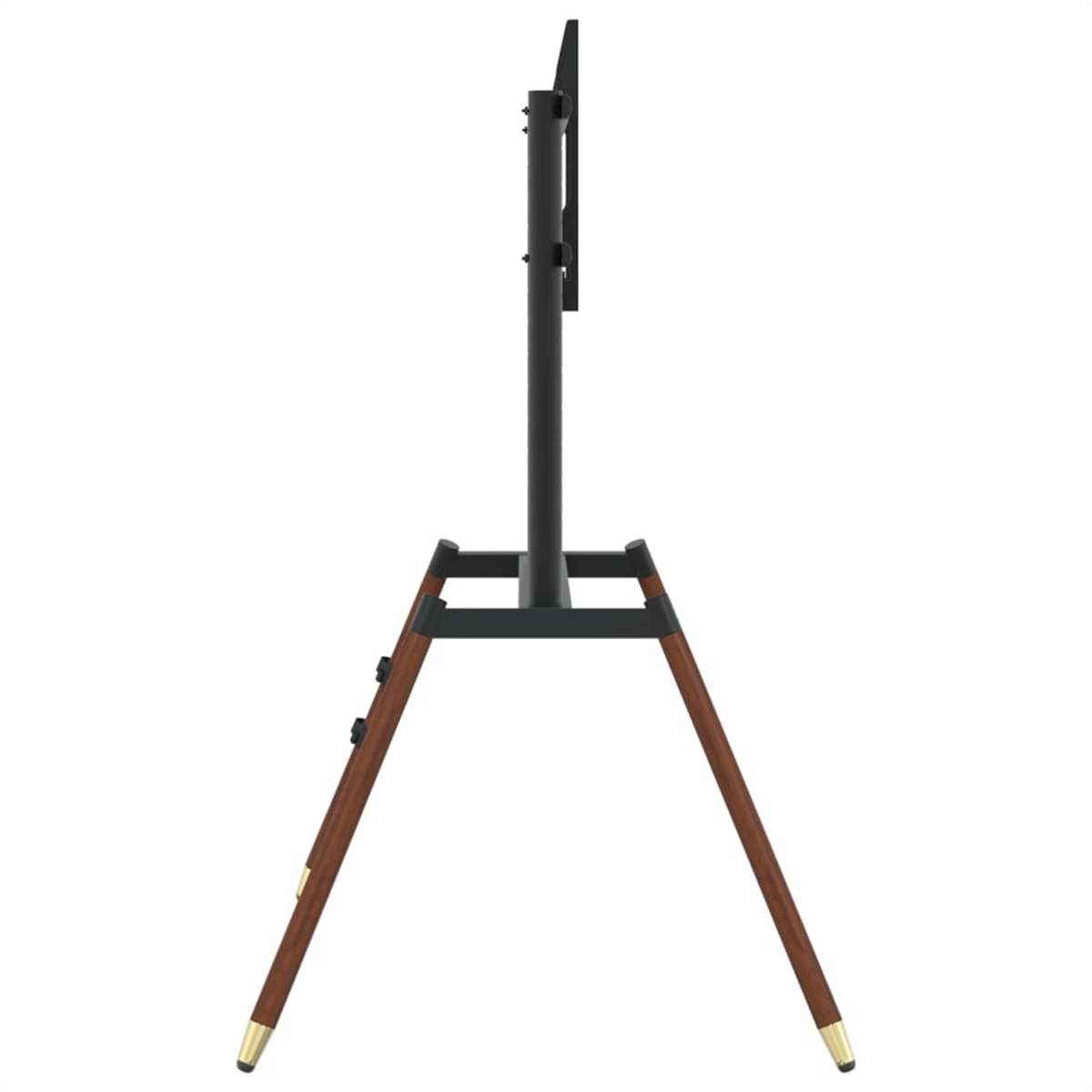 Ein schwarzer TV-Ständer mit Holzbeinen und einem Metallsockel. Ein Fernseher ist auf dem Ständer montiert, nach vorne gerichtet.