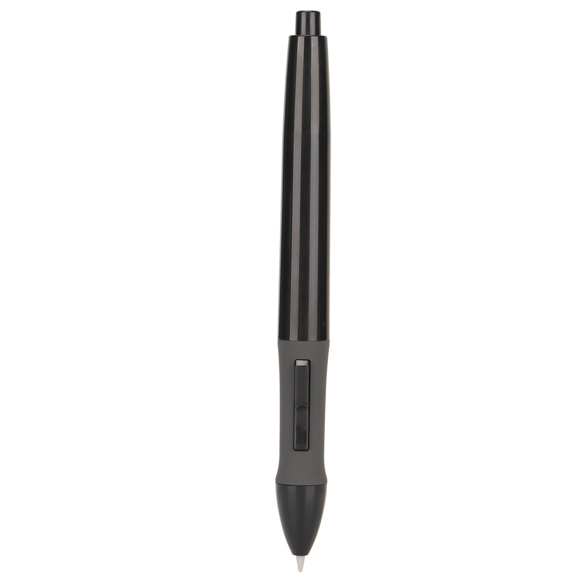 Schwarzer Eingabestift auf weißem Hintergrund. Stift ist lang und dünn. Zwei Knöpfe in der Mitte.