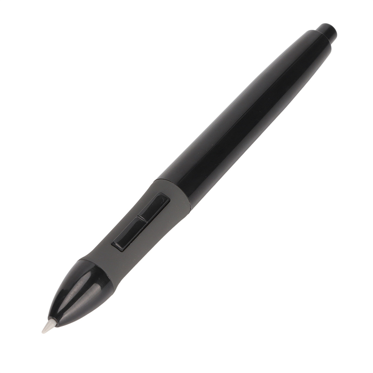 Schwarzer digitaler Stift mit zwei Seitentasten. Konische Spitze, wahrscheinlich zum Zeichnen.