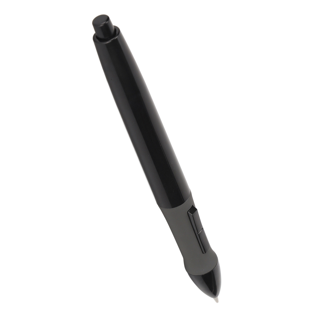 Schwarzer Stift mit schlankem Design, auf weißem Hintergrund, bereit zum Schreiben.