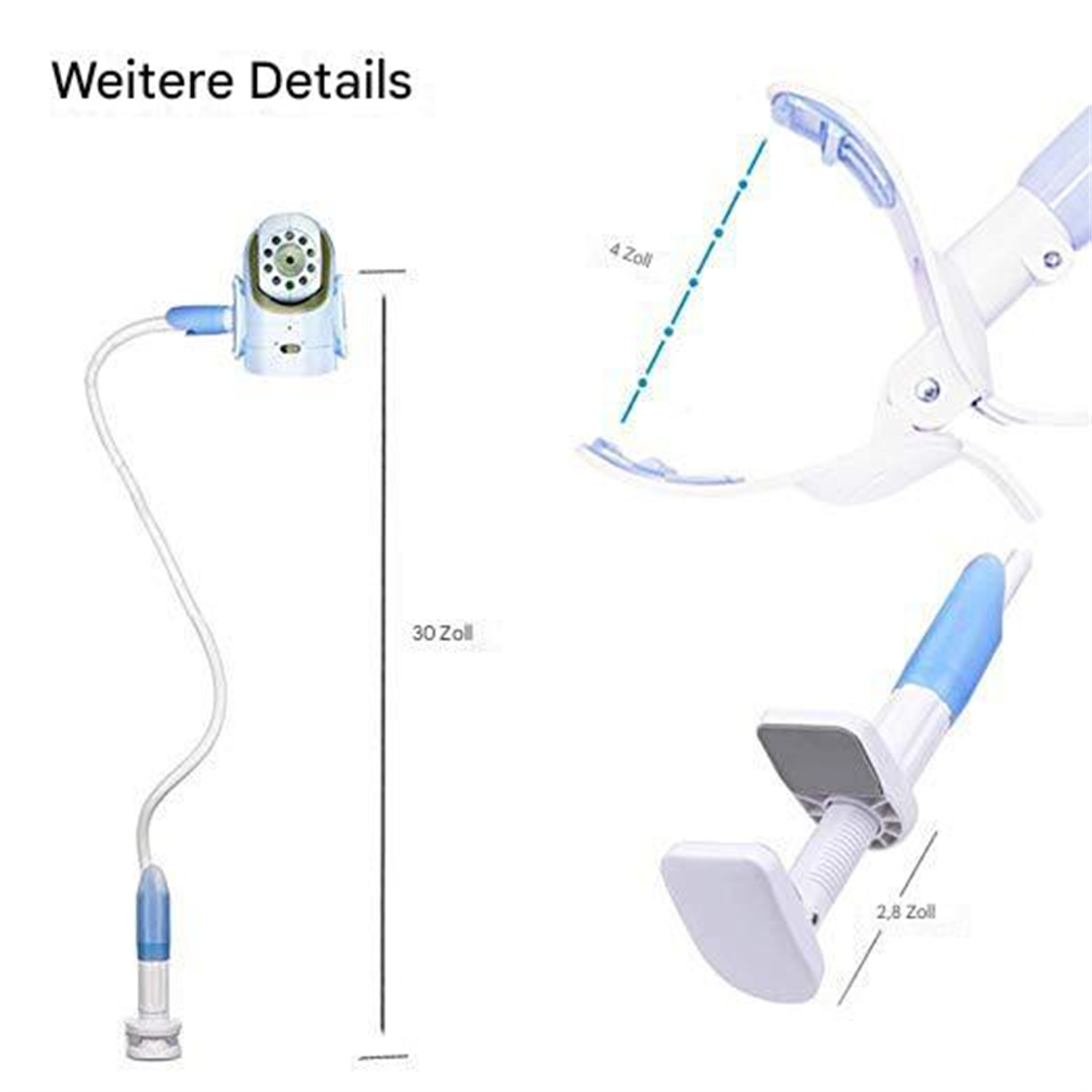 Babyphone mit weißen und blauen Komponenten. Text enthält Abmessungen und Details der Komponenten.