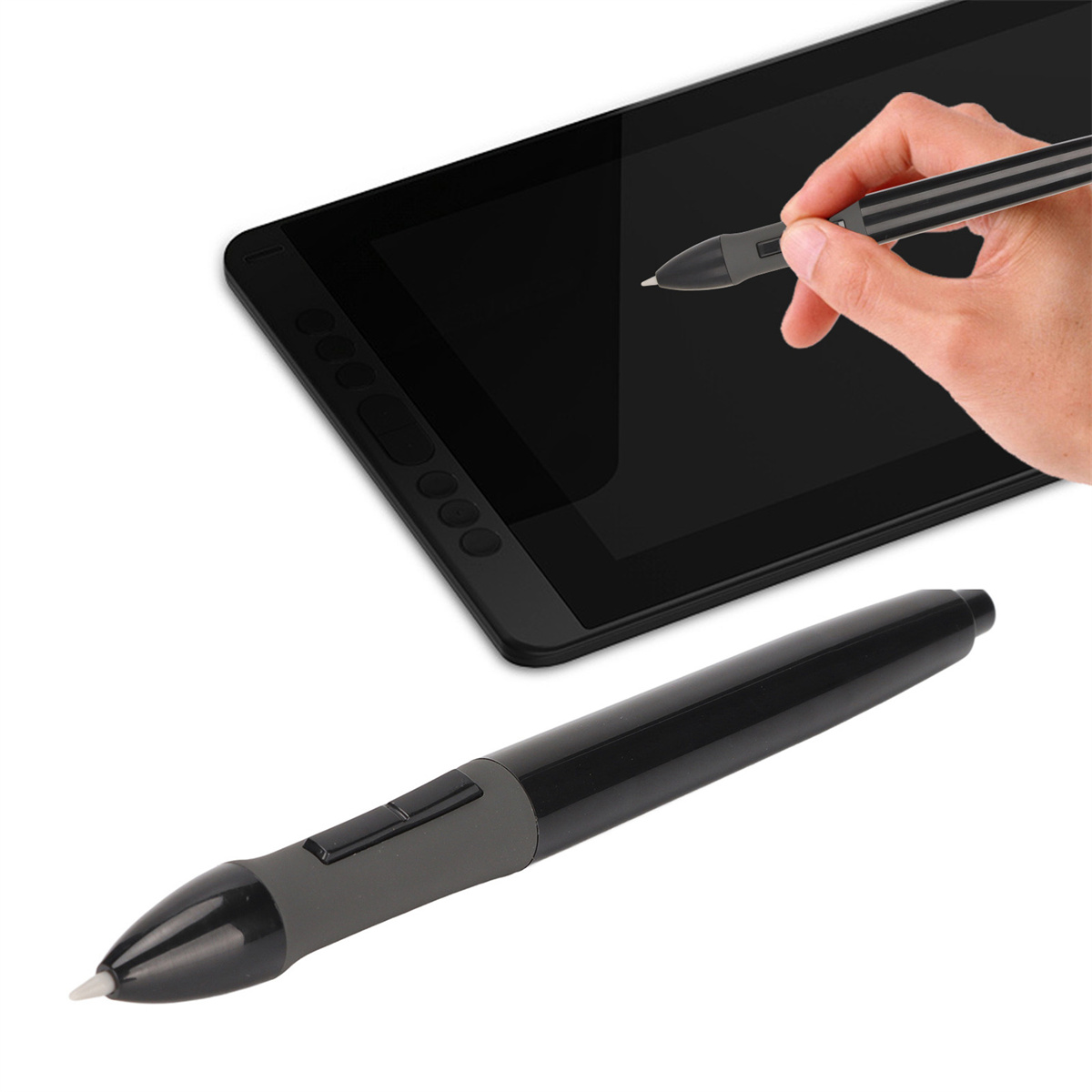 Ein schwarzes Tablet und ein Stift mit einer Hand, die den Stift hält.