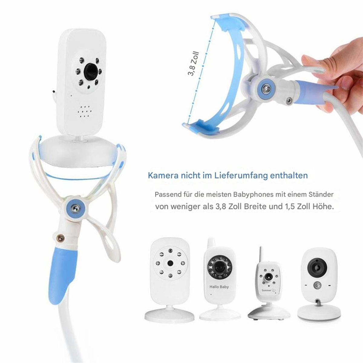 Ein weißer Babyphone-Ständer und -Kamera. 4 Babyphone sind abgebildet. Der Hintergrund ist weiß.