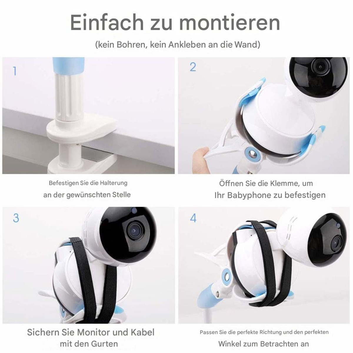 Babyphone-Installationsanweisungen mit Nahaufnahmen von Kamera und Klemme.
