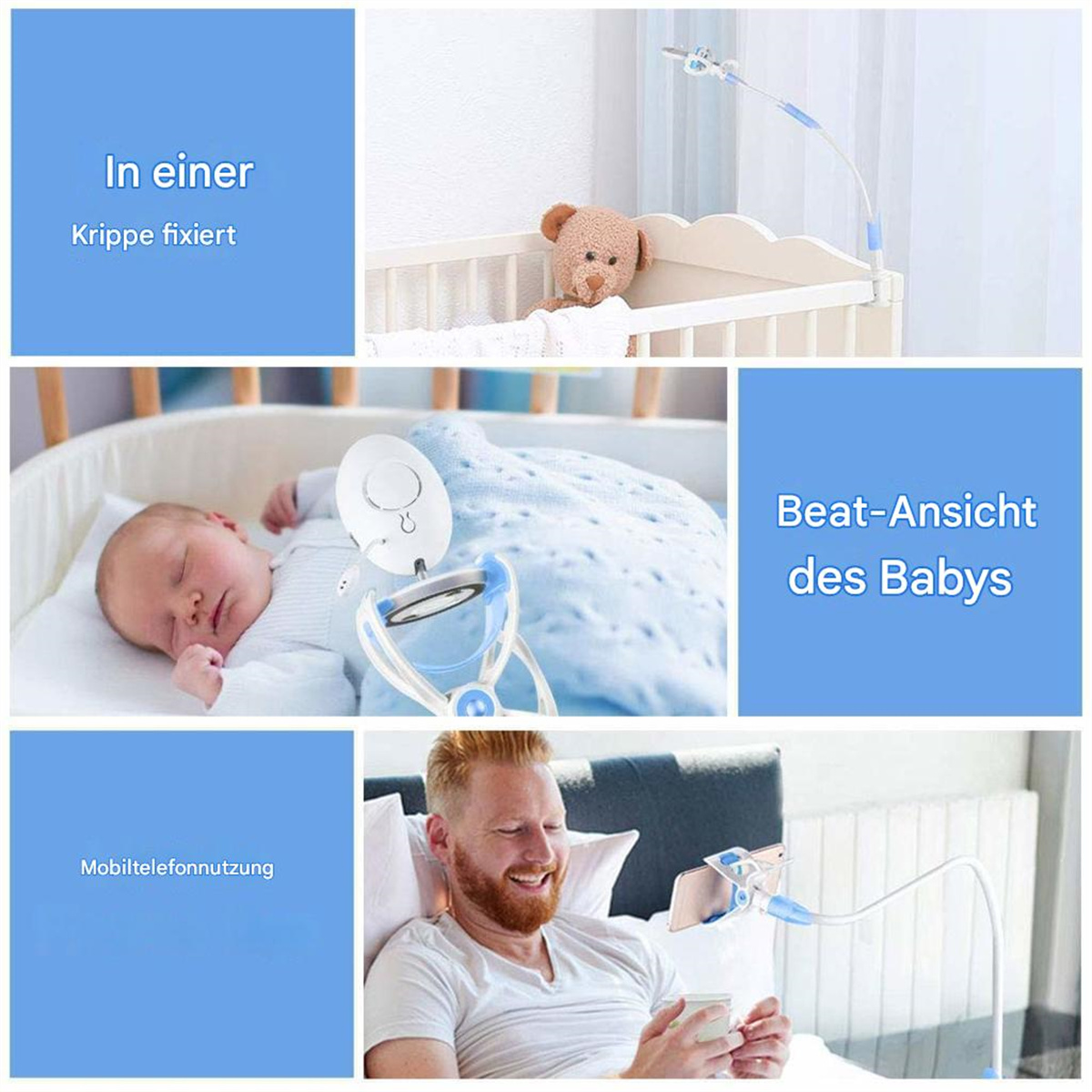 Baby im Kinderbett, Babyphone und Mann mit Tablet. Text: 'Beat-Ansicht des Babys', 'Mobiltelefonnutzung'.
