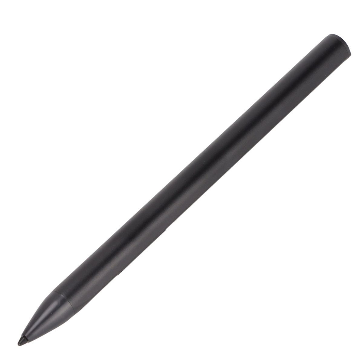 Ein schwarzer Eingabestift. Der Stift ist lang und zylindrisch mit einer spitzen Spitze auf weißem Grund.