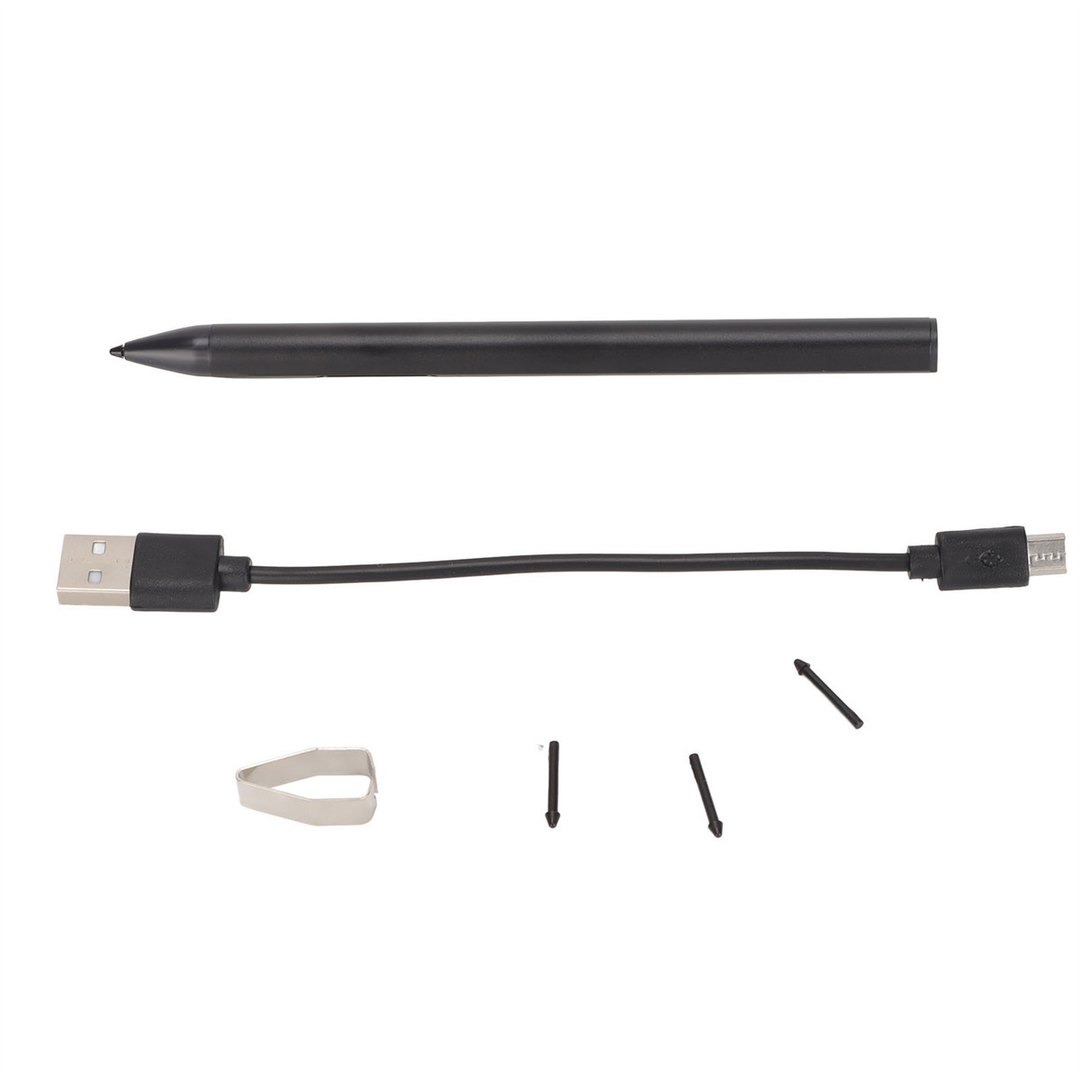 Schwarzer Stift, USB-Kabel und Ersatzspitzen liegen auf weißem Hintergrund.