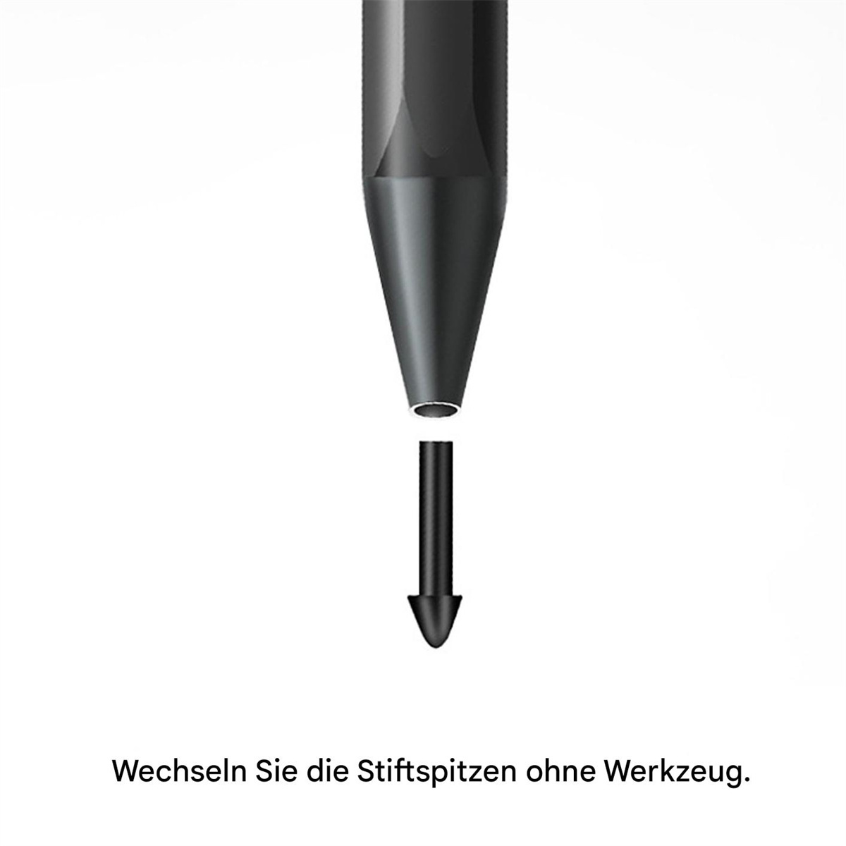 Nahaufnahme einer schwarzen Stiftspitze, die in ihren Stift eingesetzt wird, mit Text darunter.