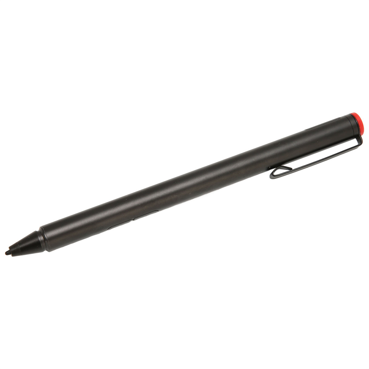 Schwarzer Eingabestift mit Clip und roter Spitze. Weißer Hintergrund.