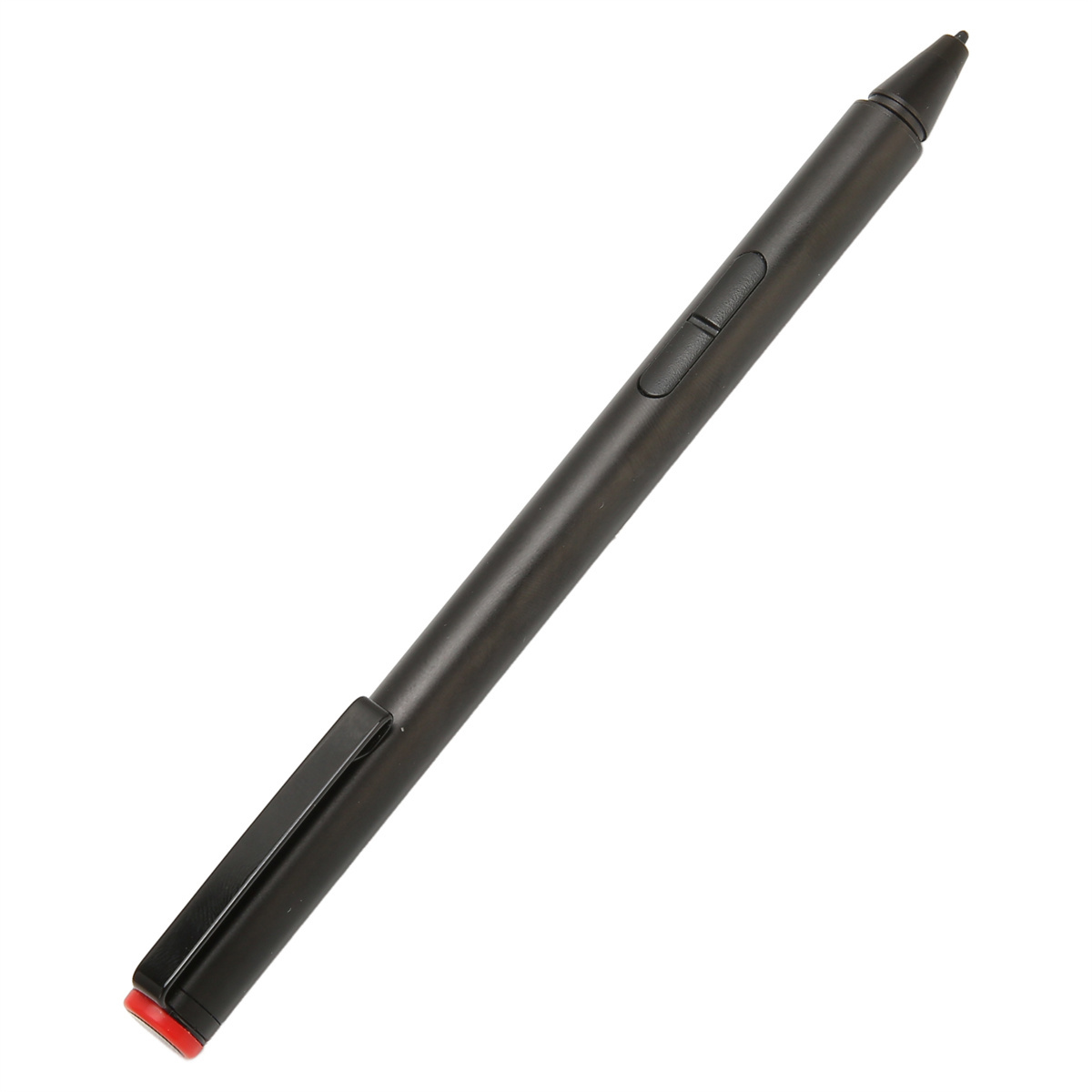 Schwarzer Eingabestift mit zwei Tasten und einer roten Spitze. Er befindet sich auf weißem Hintergrund.