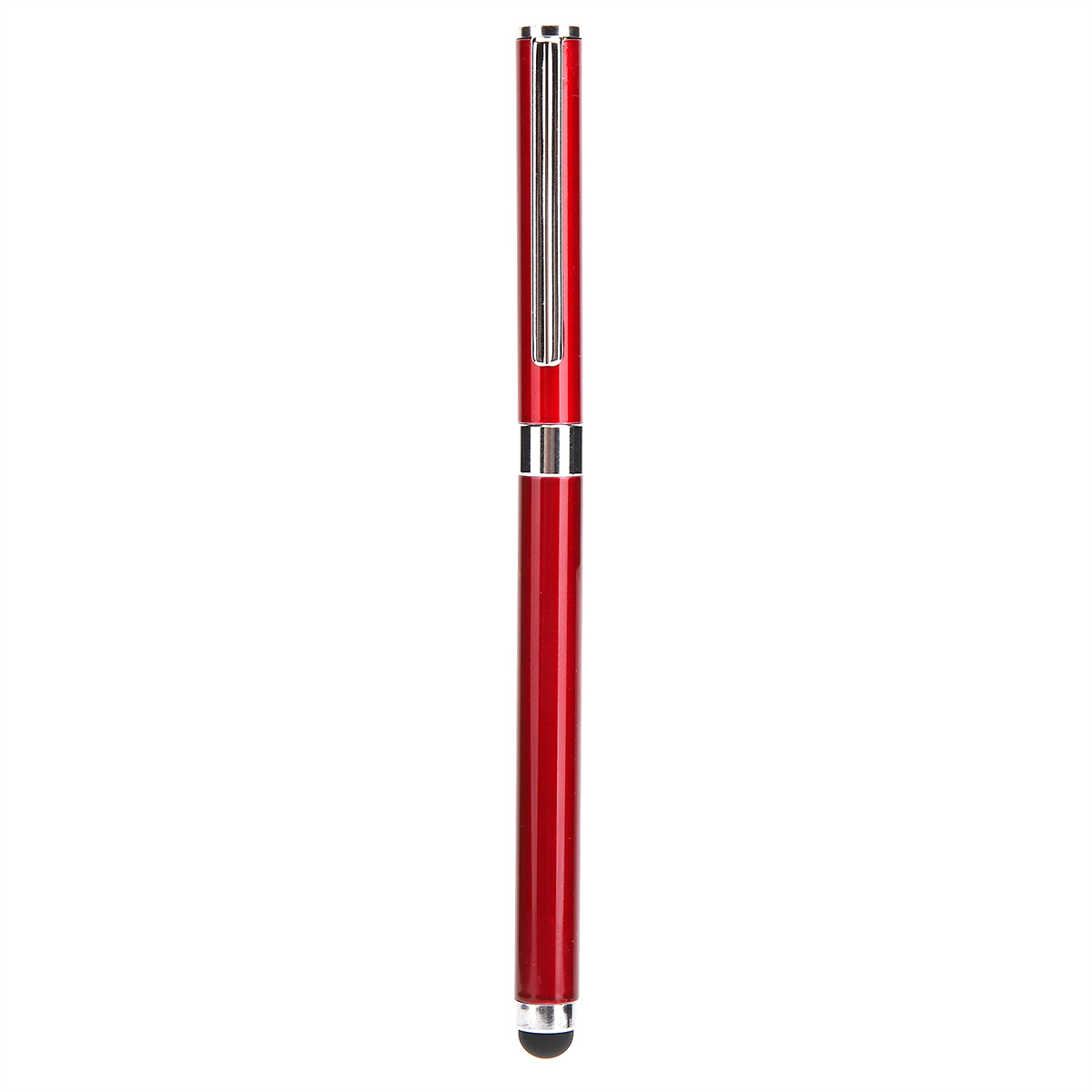 Ein roter Stift. Er hat ein silbernes Band und eine schwarze Spitze für Touchscreens.