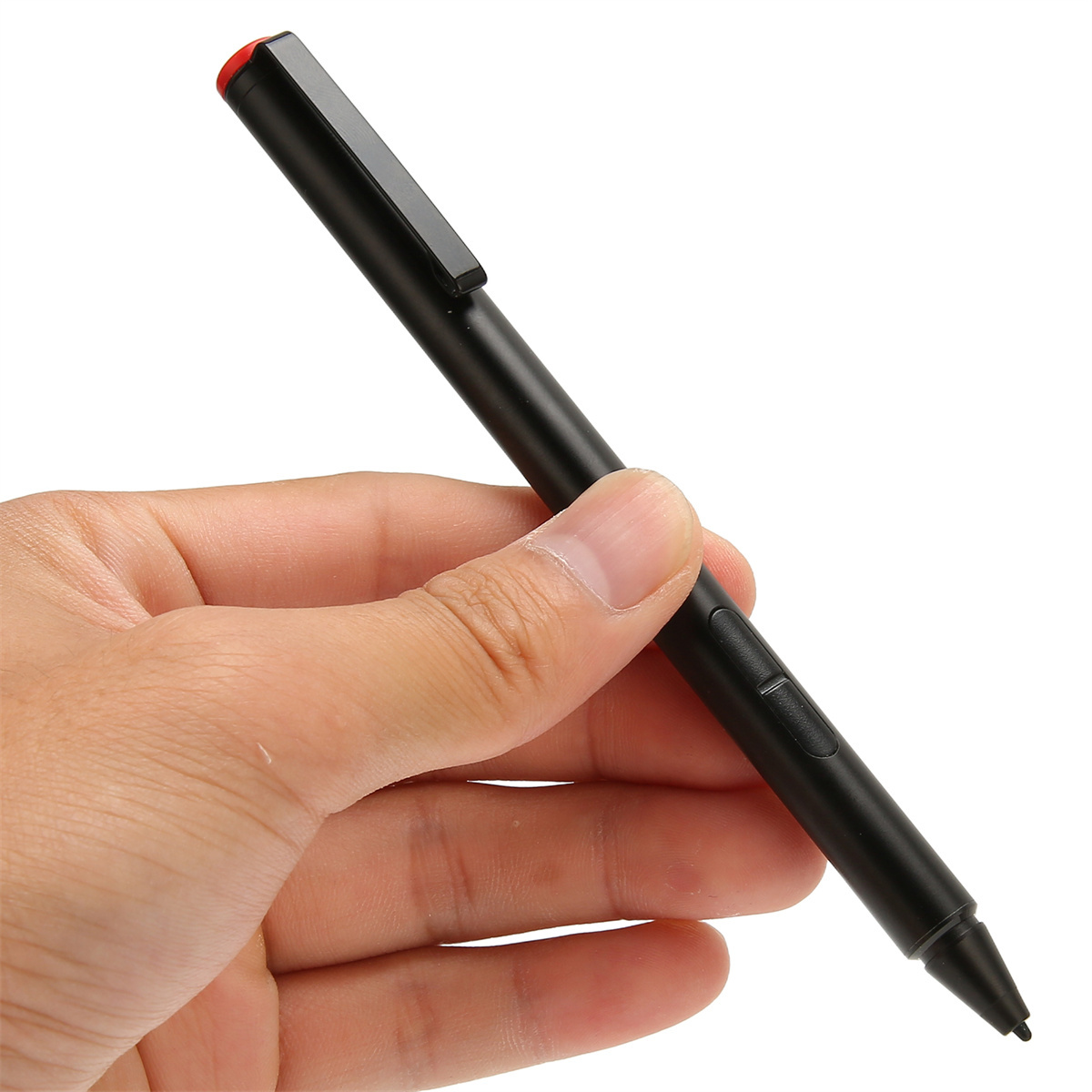 Ein schwarzer Stift mit roter Spitze, gehalten von einer Hand.