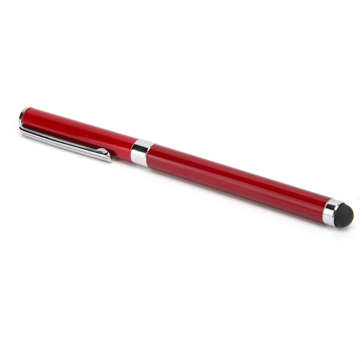 Ein roter Eingabestift mit silberner Zierleiste auf weißem Hintergrund.