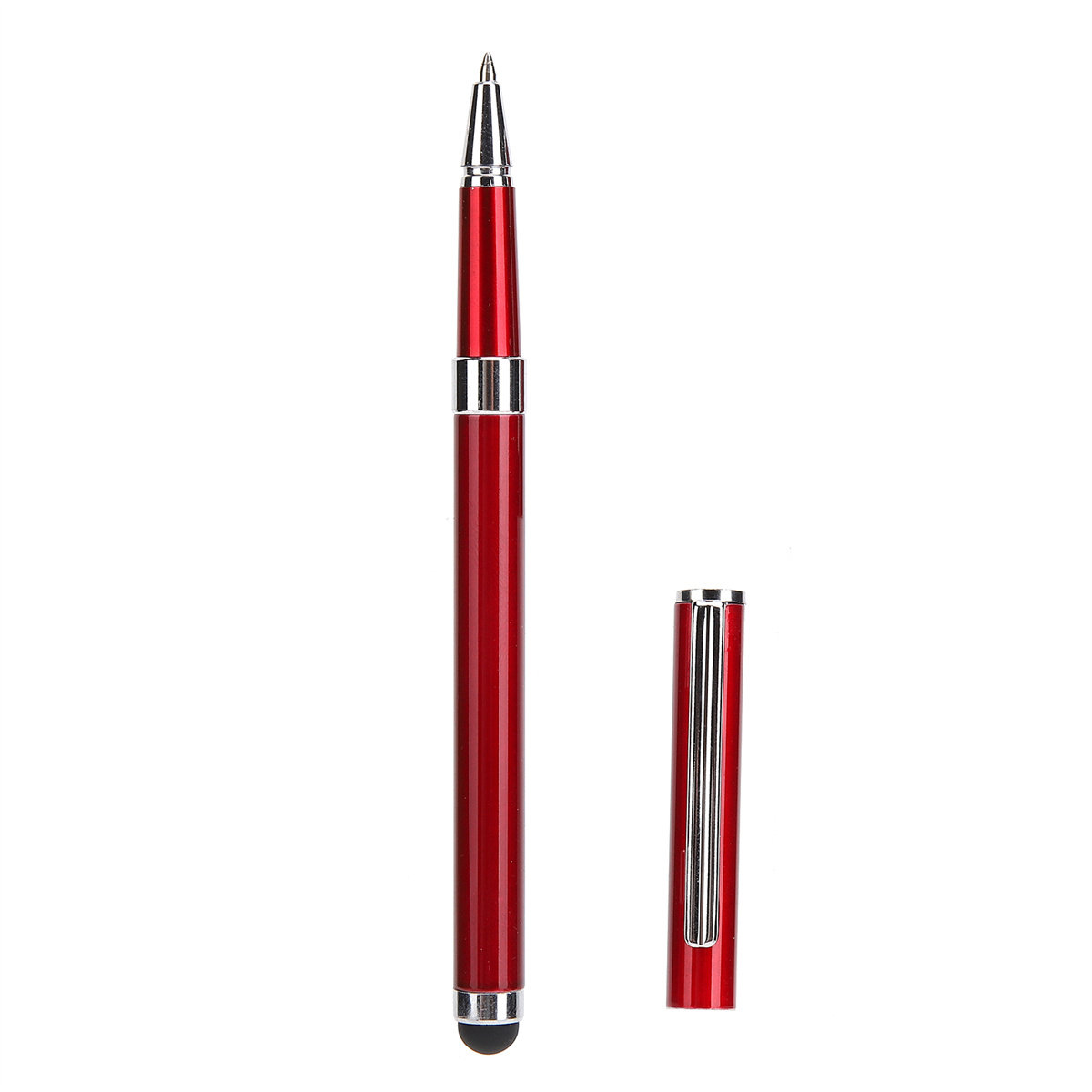 Roter Stift mit silbernen Akzenten und einer Stiftspitze. Die Kappe ist abgenommen.