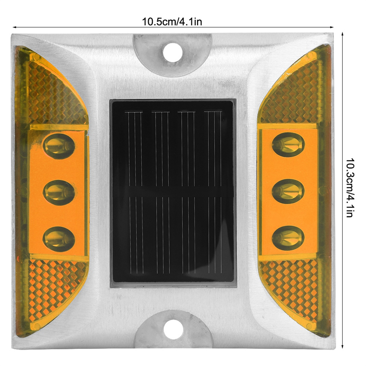 Solarbetriebener Straßenmarkierer mit orangenen Reflektoren und silbernem Rahmen, quadratisch.
