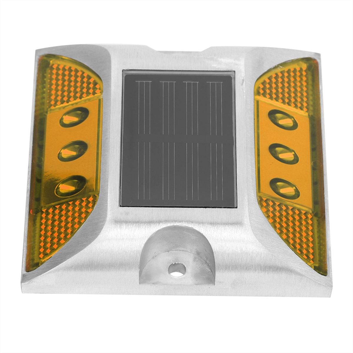 Silberner Straßenmarkierer mit Solarpanel und bernsteinfarbenen Reflektoren. Oval.