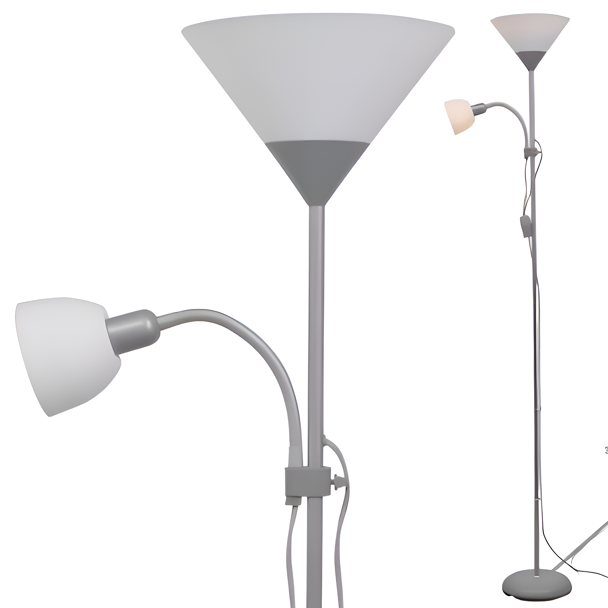 Zwei Stehlampen, eine vollständig sichtbar, die andere teilweise sichtbar. Weißer Hintergrund. Die Lampen haben jeweils zwei Lichter.