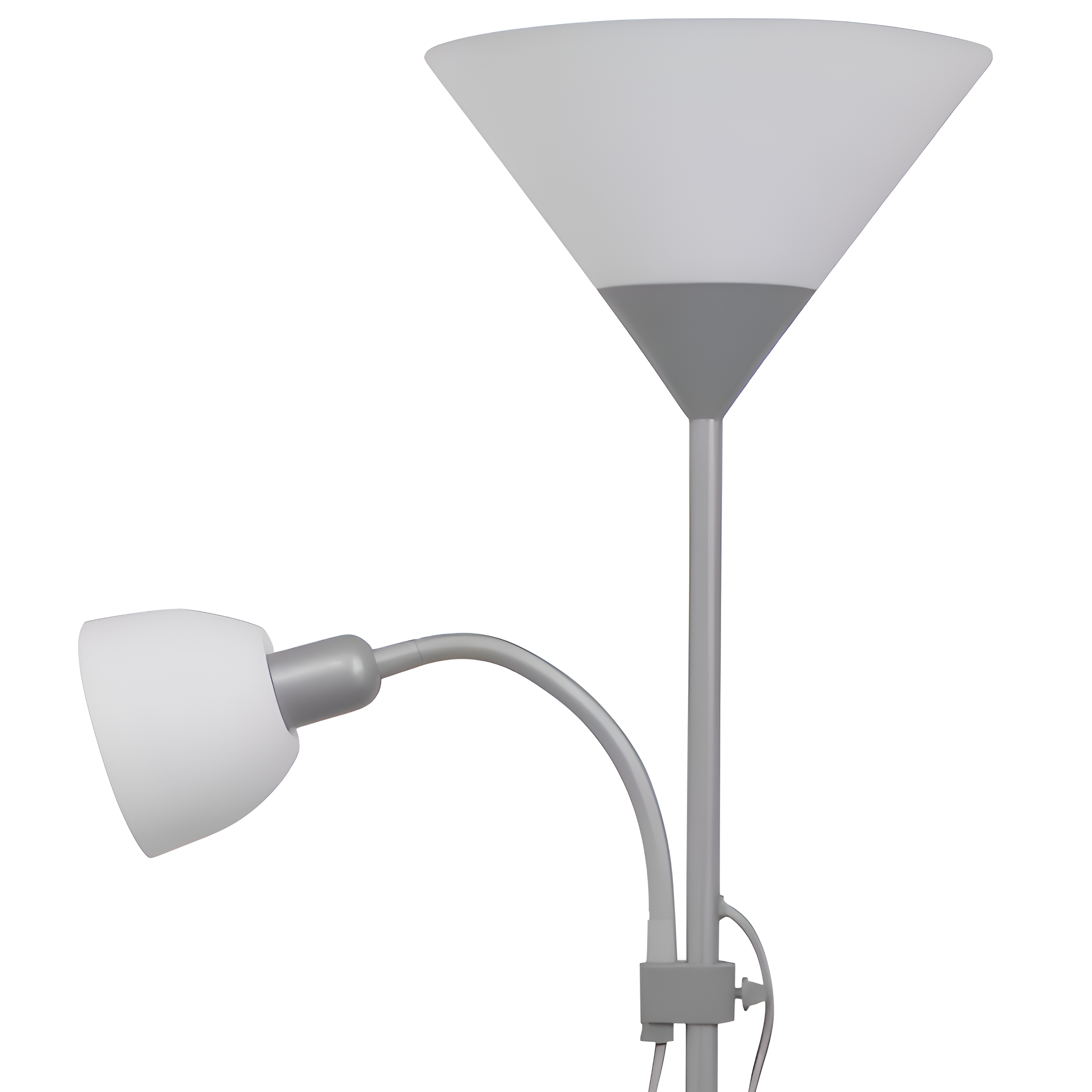 Eine weiße und silberne Stehlampe mit konischem Schirm und einer kleineren, verstellbaren Leselampe.