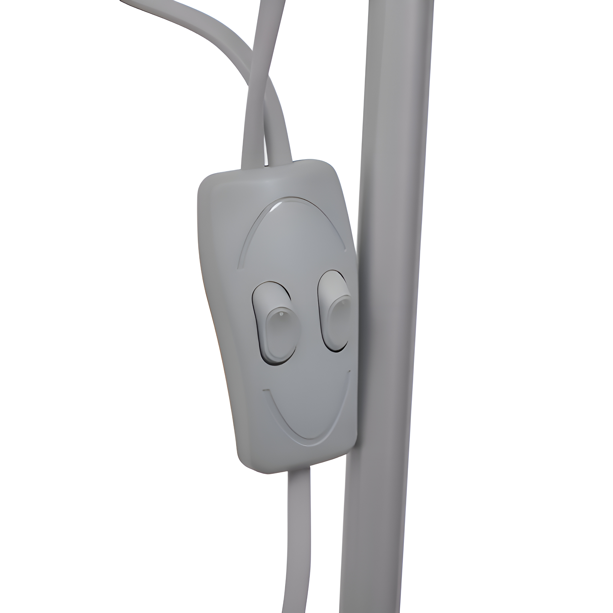 Ein grauer Lichtschalter mit zwei Knöpfen. Der Schalter ist an einem grauen Kabel befestigt.