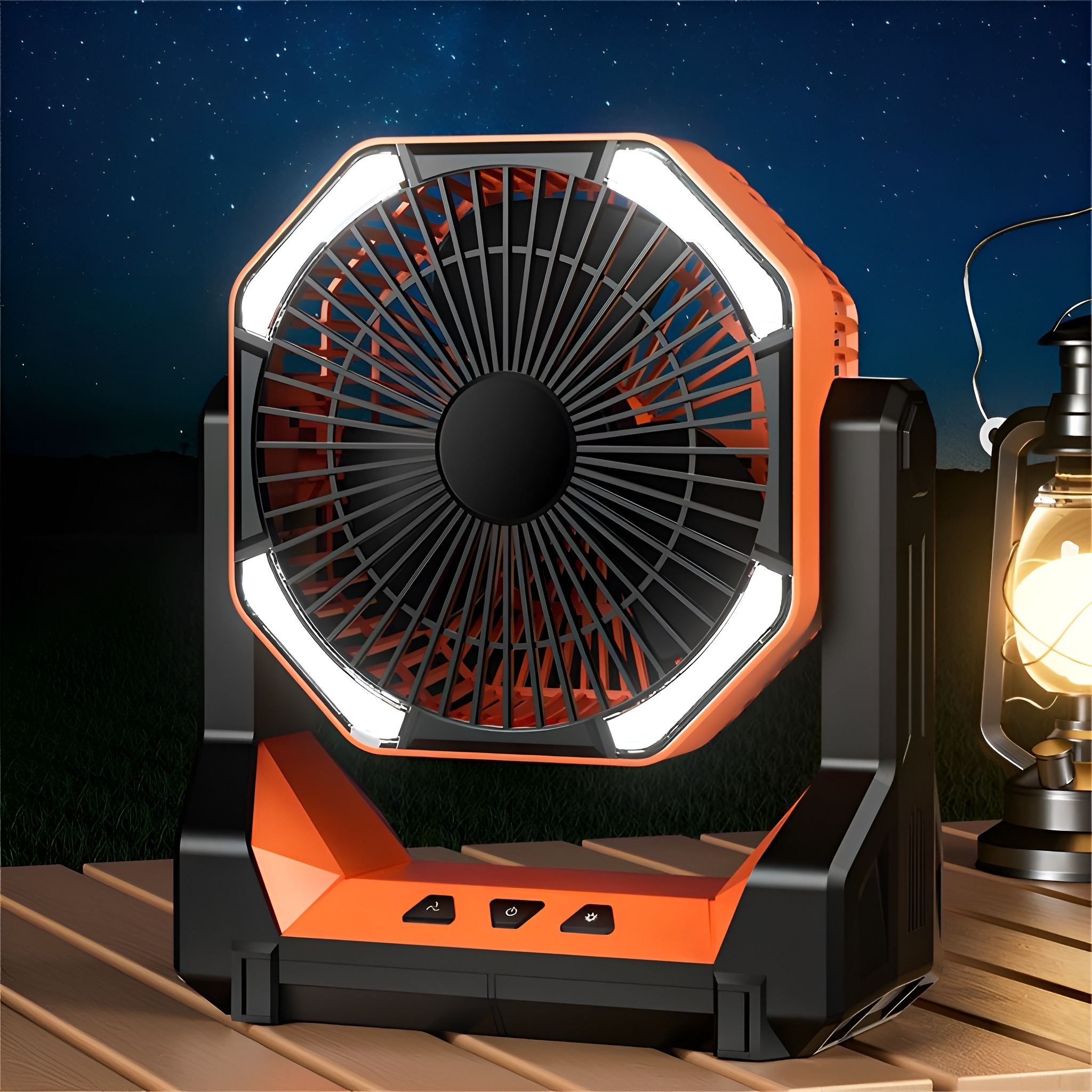 Orangefarbener und schwarzer tragbarer Ventilator mit Lichtern, auf Holzoberfläche vor einer Nachtszene.
