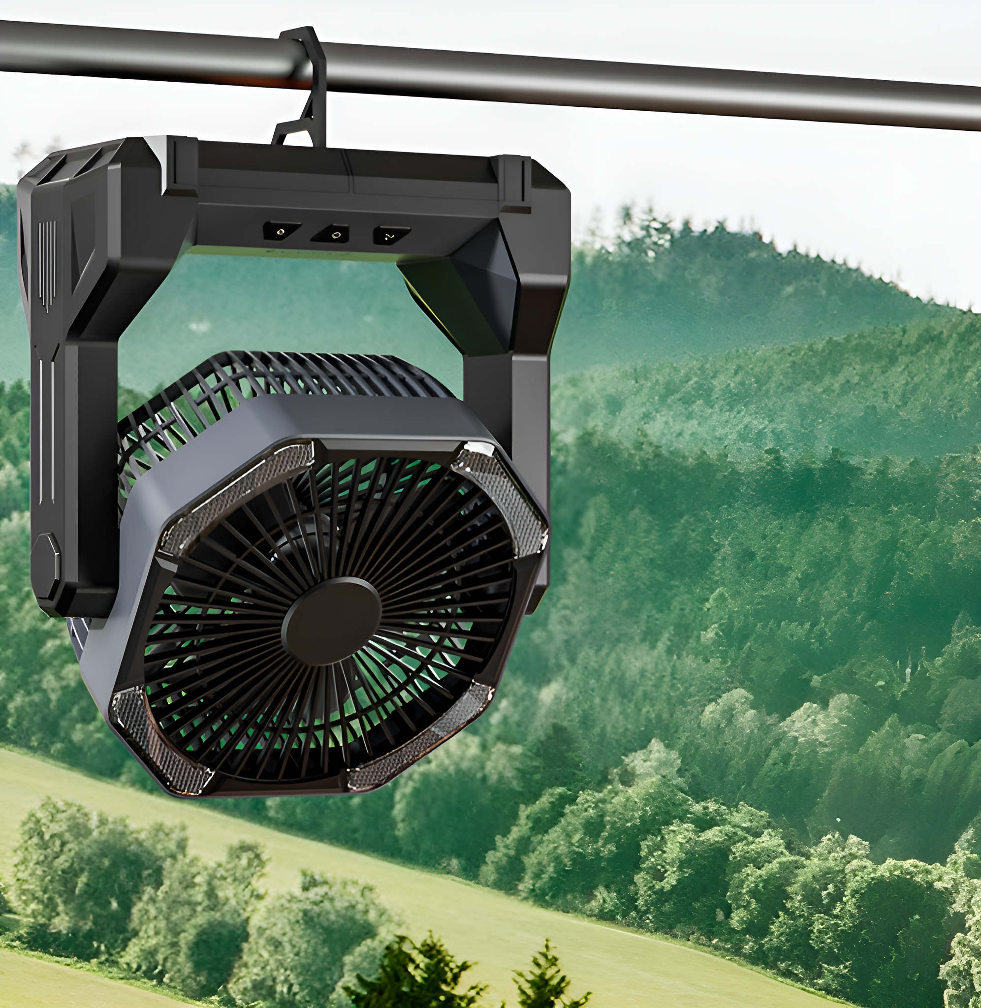 Ein hängender Ventilator in einer grünen Landschaft. Er hat einen schwarzen Rahmen und grüne Blätter.