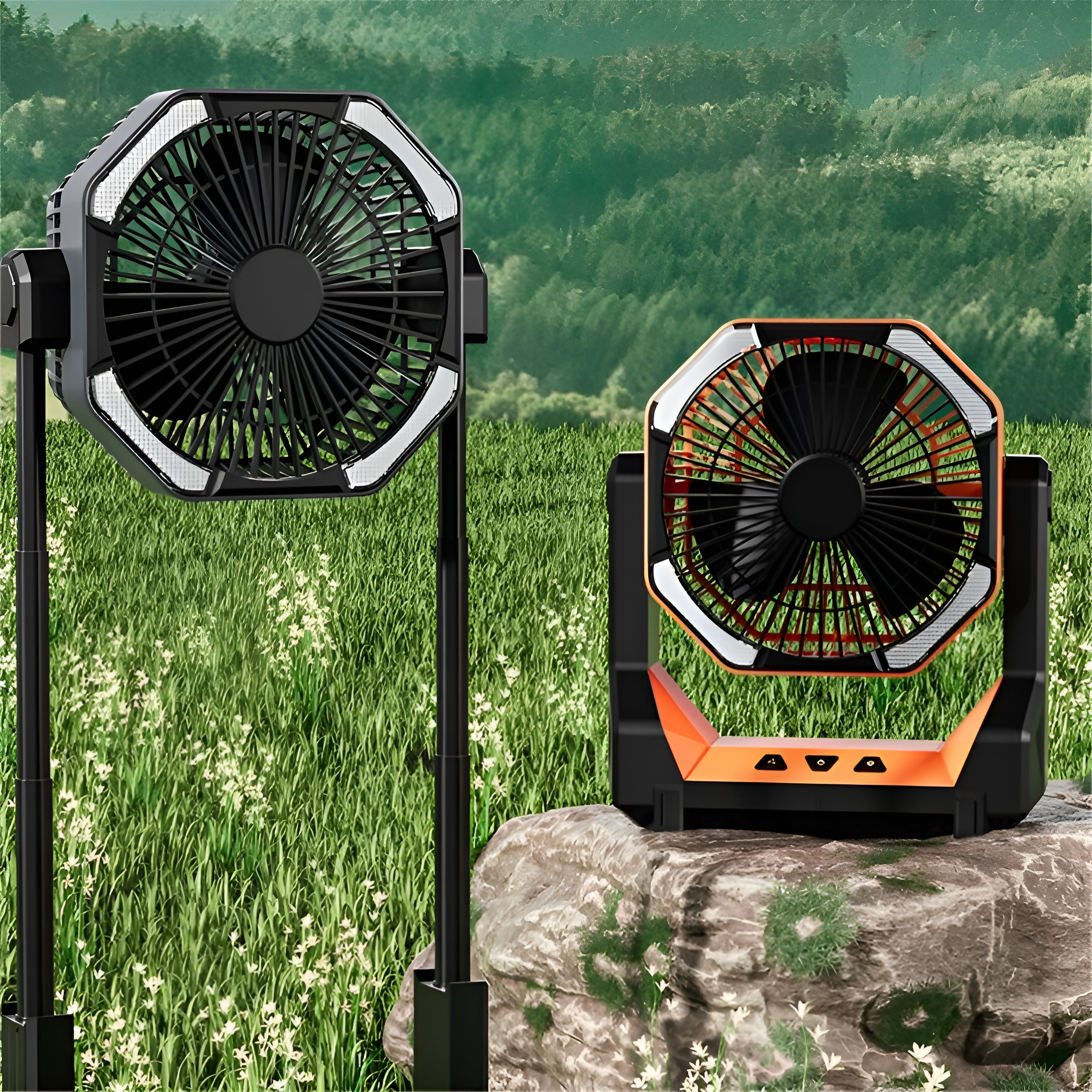 Zwei schwarz-orangefarbene Ventilatoren auf einer Wiese mit weißen Blumen und Bäumen.