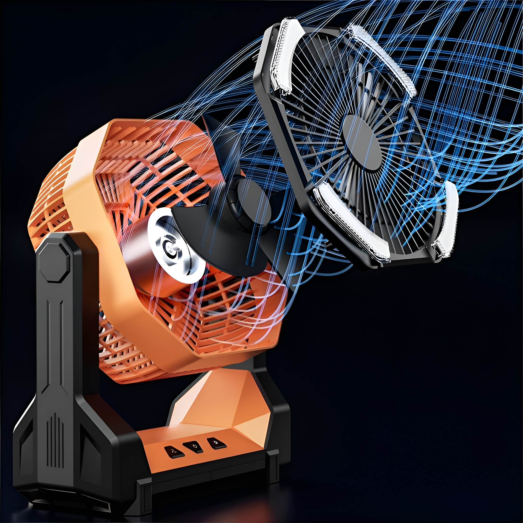 Orangefarbener und schwarzer Schreibtischventilator mit zwei rotierenden Lüftern auf schwarzem Grund.