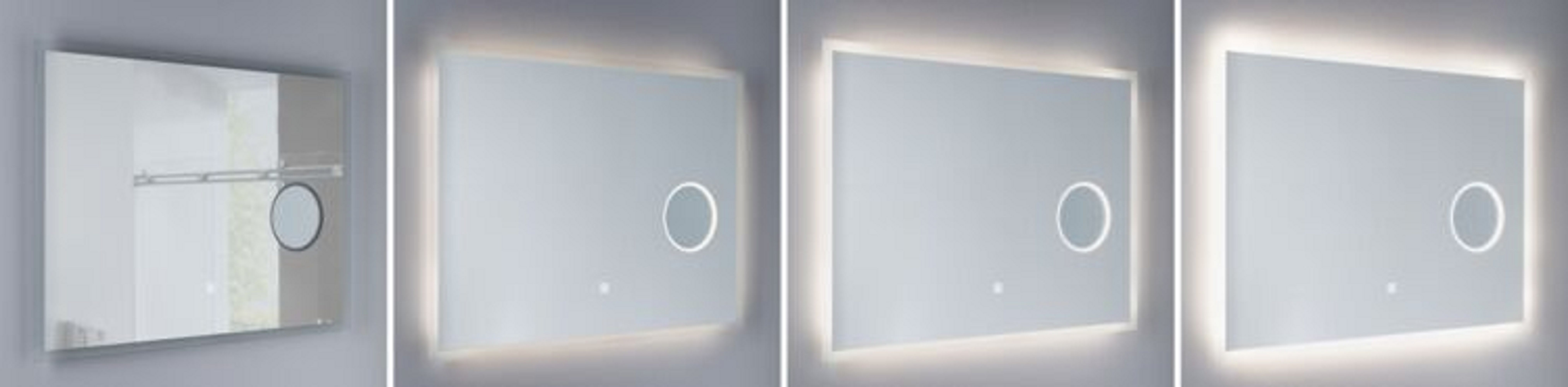 Vier Bilder eines Spiegels mit Licht. Das Licht befindet sich um den Spiegel herum. Der Spiegel ist rechteckig.