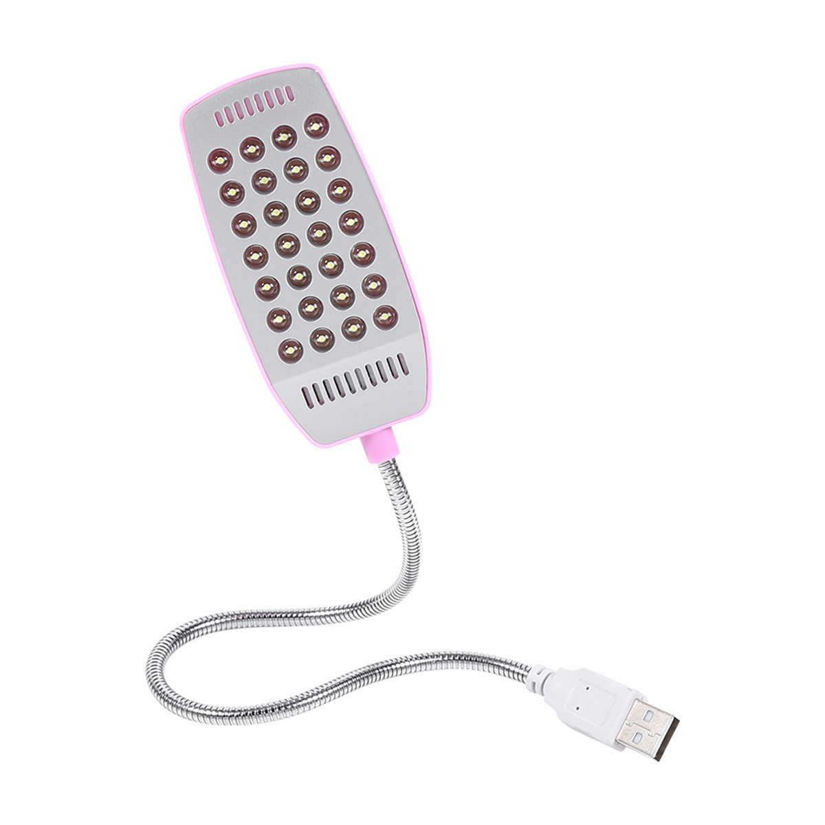 Eine rosa LED-Schreibtischlampe mit flexiblem Hals und USB-Anschluss. Sie steht auf weißem Hintergrund.