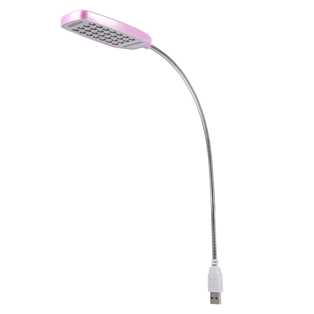 Rosafarbene LED-Schreibtischlampe mit flexiblem Schwanenhals und USB-Anschluss. Weißer Hintergrund.