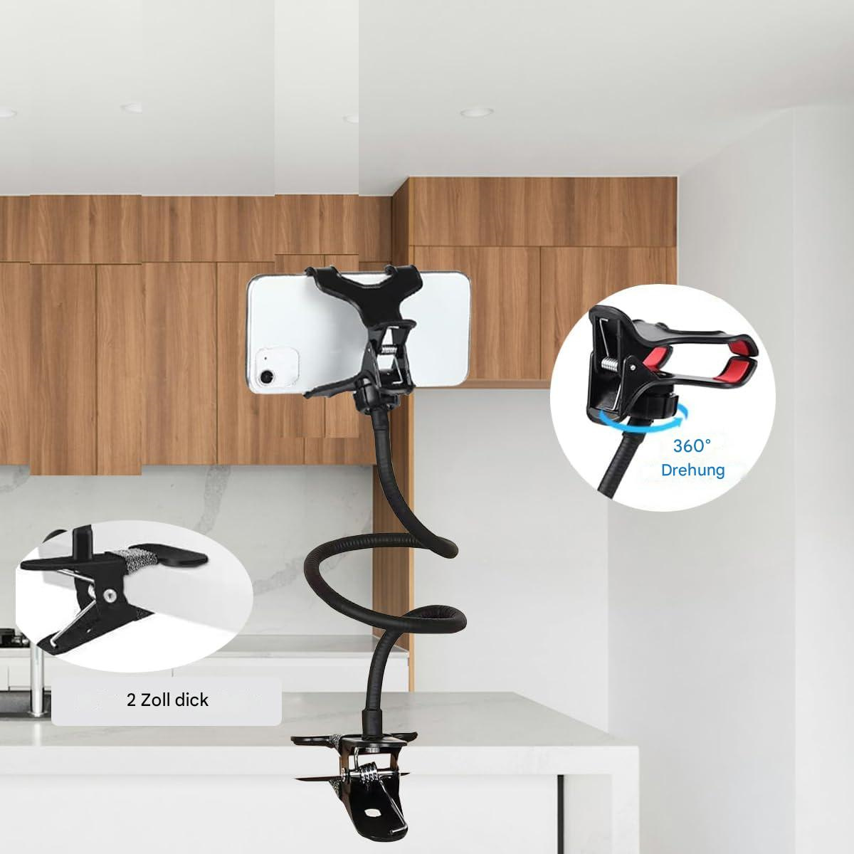 Schwarzer Telefonhalter mit flexiblem Arm, zwei Nahaufnahmen. Eine zeigt Klemme, andere 360° Drehung.