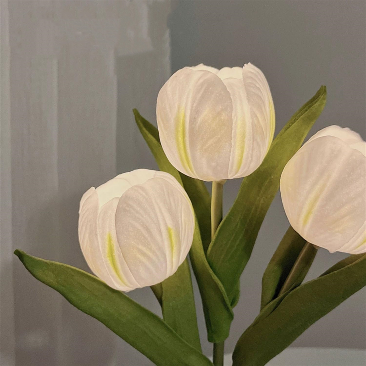 Drei weiße Tulpen mit grünen Blättern in einer Vase.