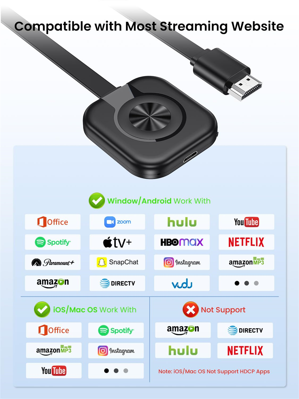 Schwarzes Gerät mit Kabel und einer Liste kompatibler Streaming-Websites.