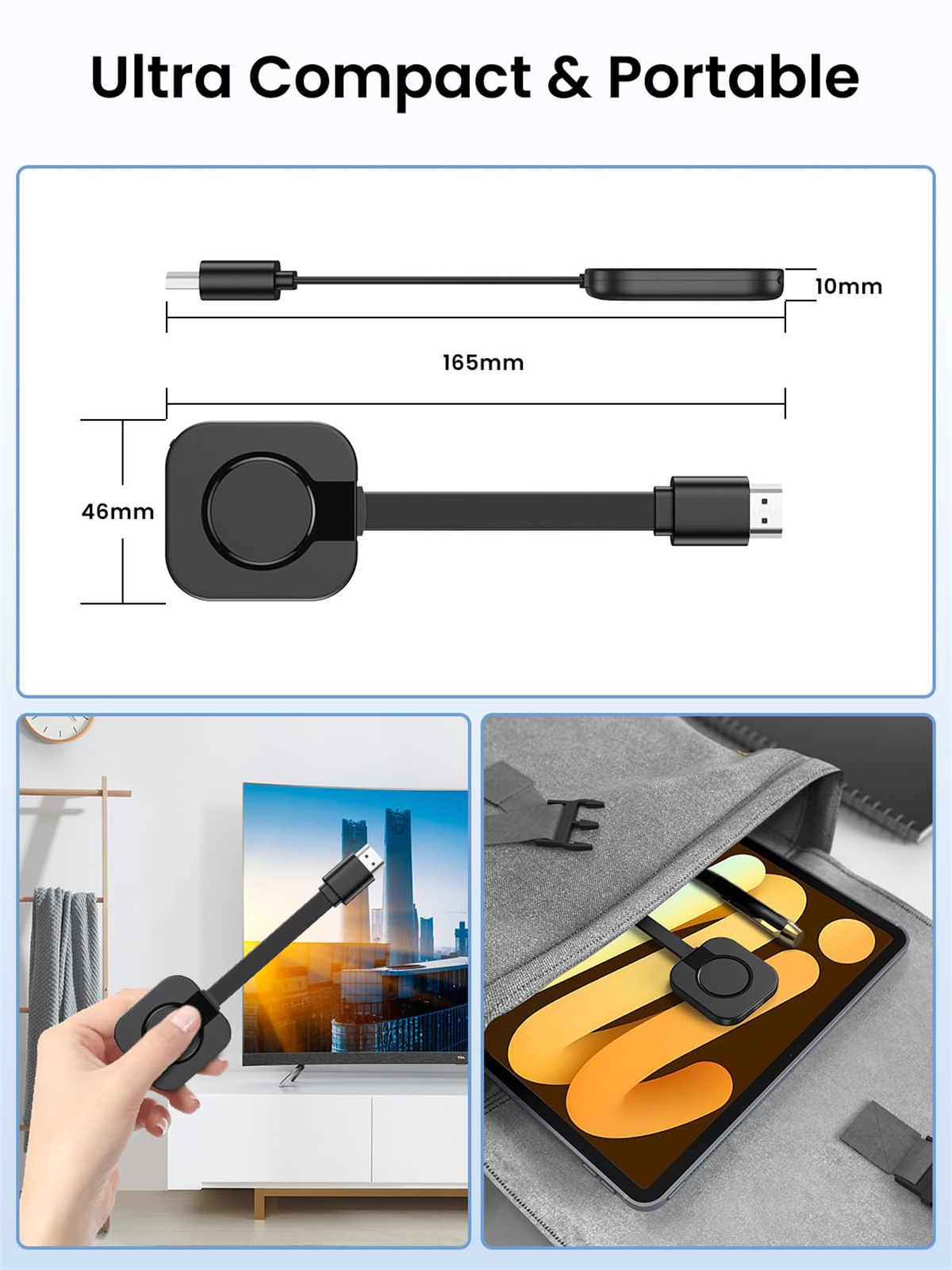 Ein schwarzes, kompaktes Gerät mit Abmessungen und einem Diagramm, das die Verwendung mit einem Tablet zeigt.