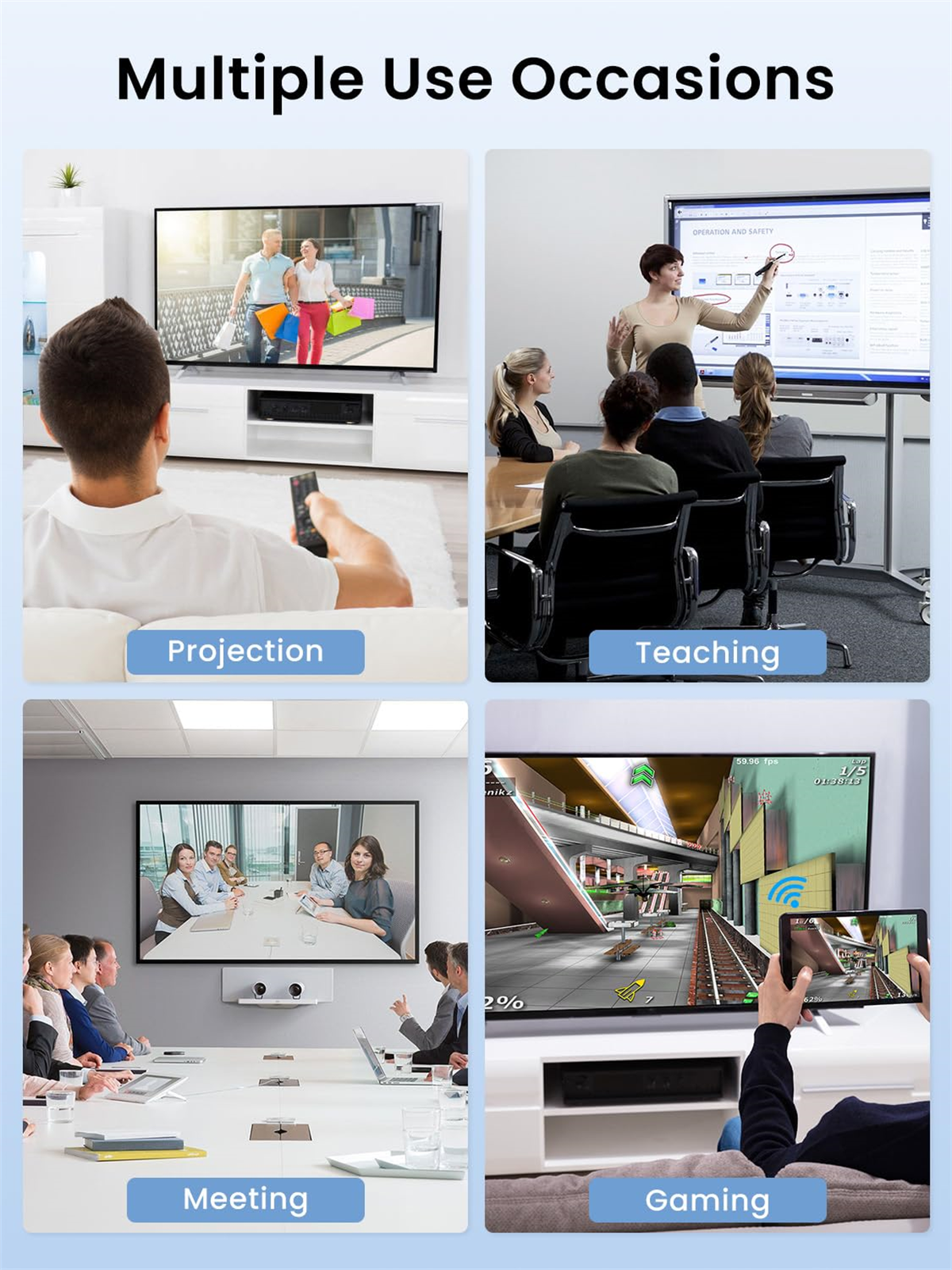 Collage von Bildern, die Verwendungen zeigen: Projektion, Lehre, Meeting und Gaming. Weißer Hintergrund.