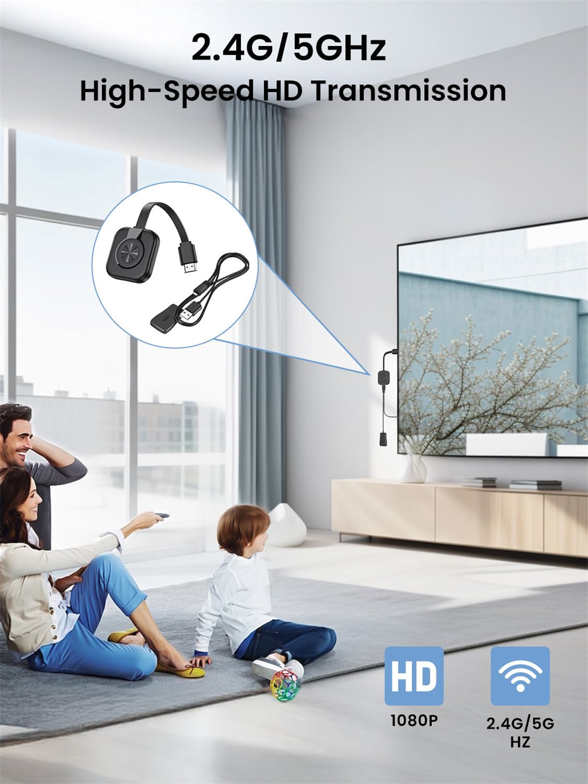 Familie schaut fern mit Streaming-Gerät und Kabeln an der Wand und im Fernseher.