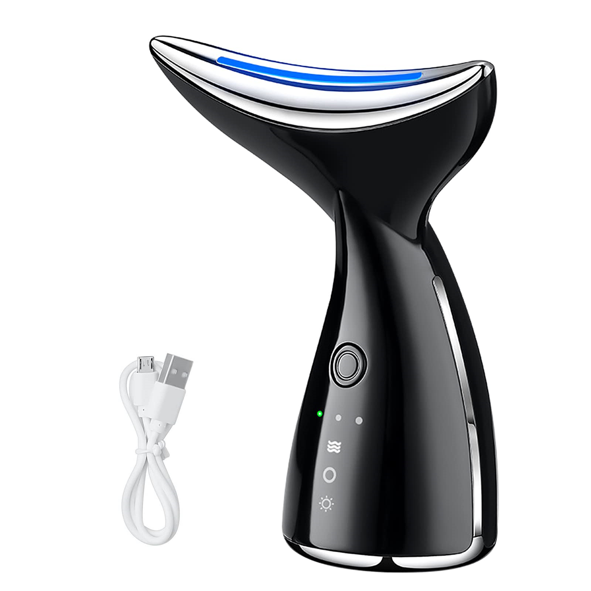 Schwarzes Beauty-Gerät mit geschwungener Oberseite und USB-Ladekabel, isoliert auf weißem Hintergrund.