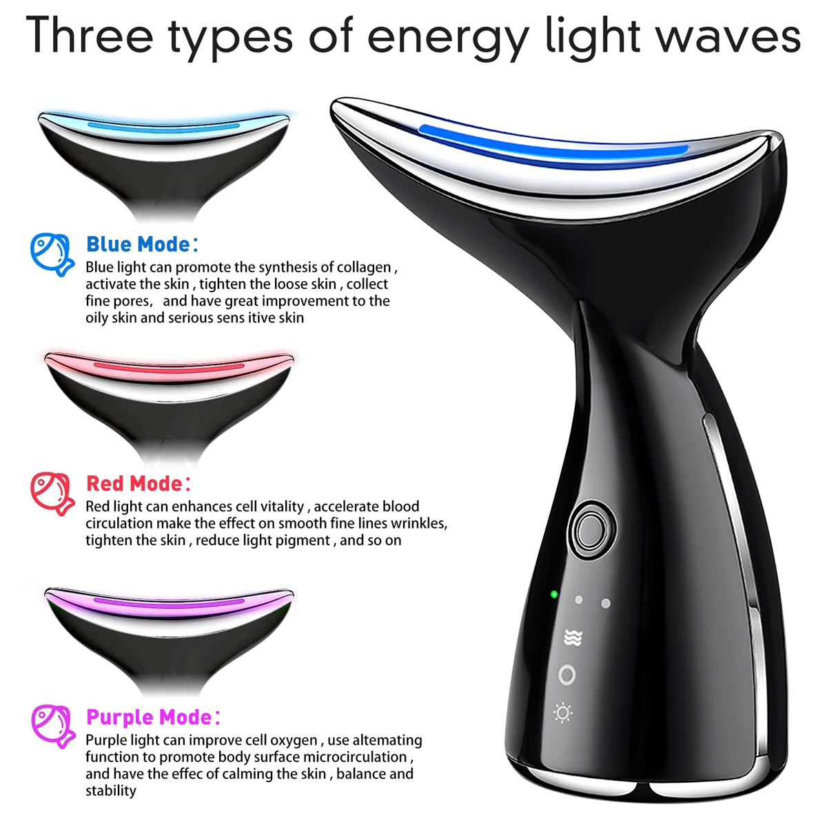 Gerät mit 3 LED-Lichtmodi: blau, rot und lila. Text erklärt die Funktion jedes Modus.